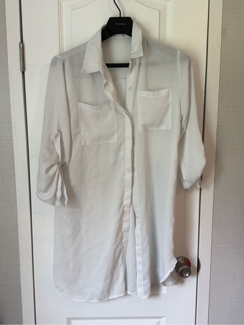 White Chiffon Polyester Button-Up Collared 3/4 Sleeve swimsuit cover up One Size